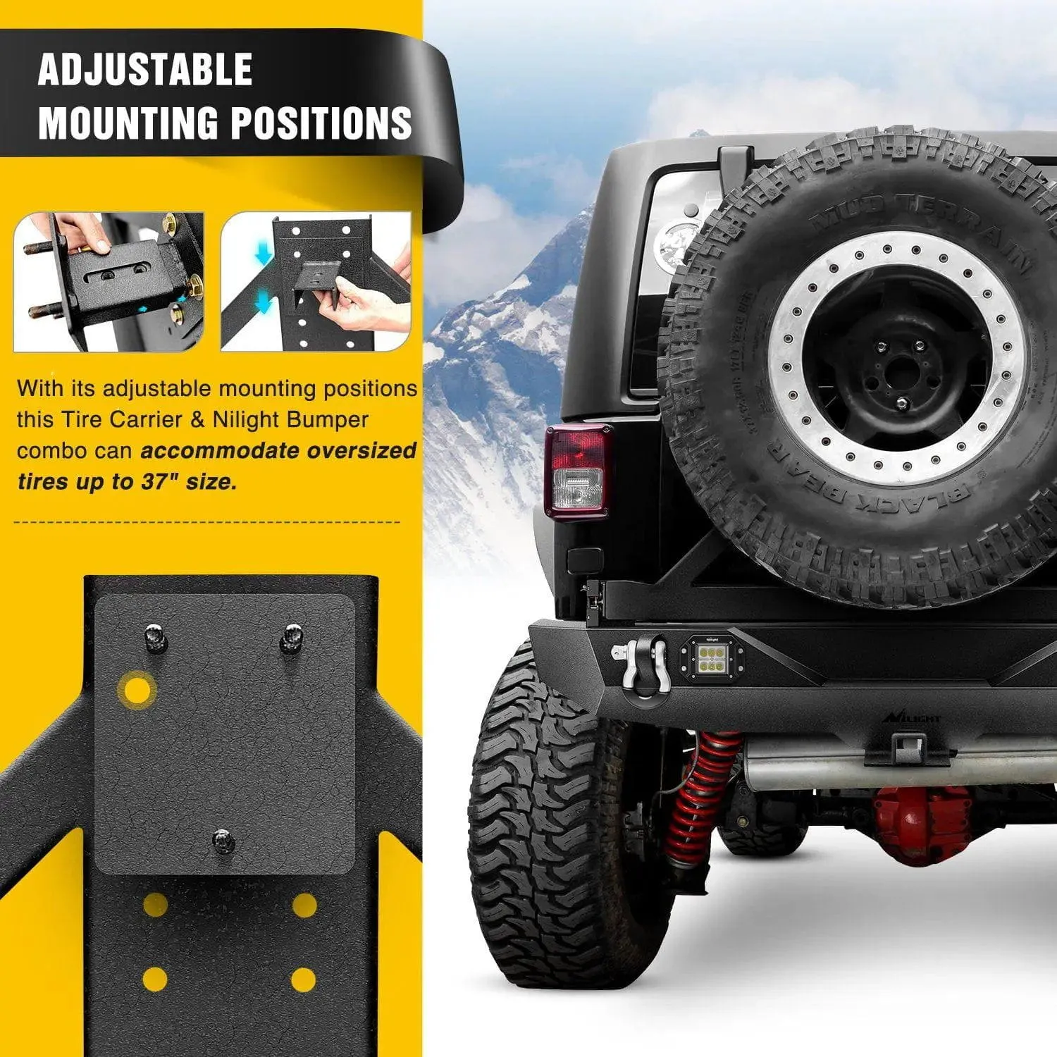 2007-2018 Jeep Wrangler JK & Wrangler JK Unlimited Rear Bumper Spare Tire Rack Hitch Receiver 2Pcs LED Lights Pods