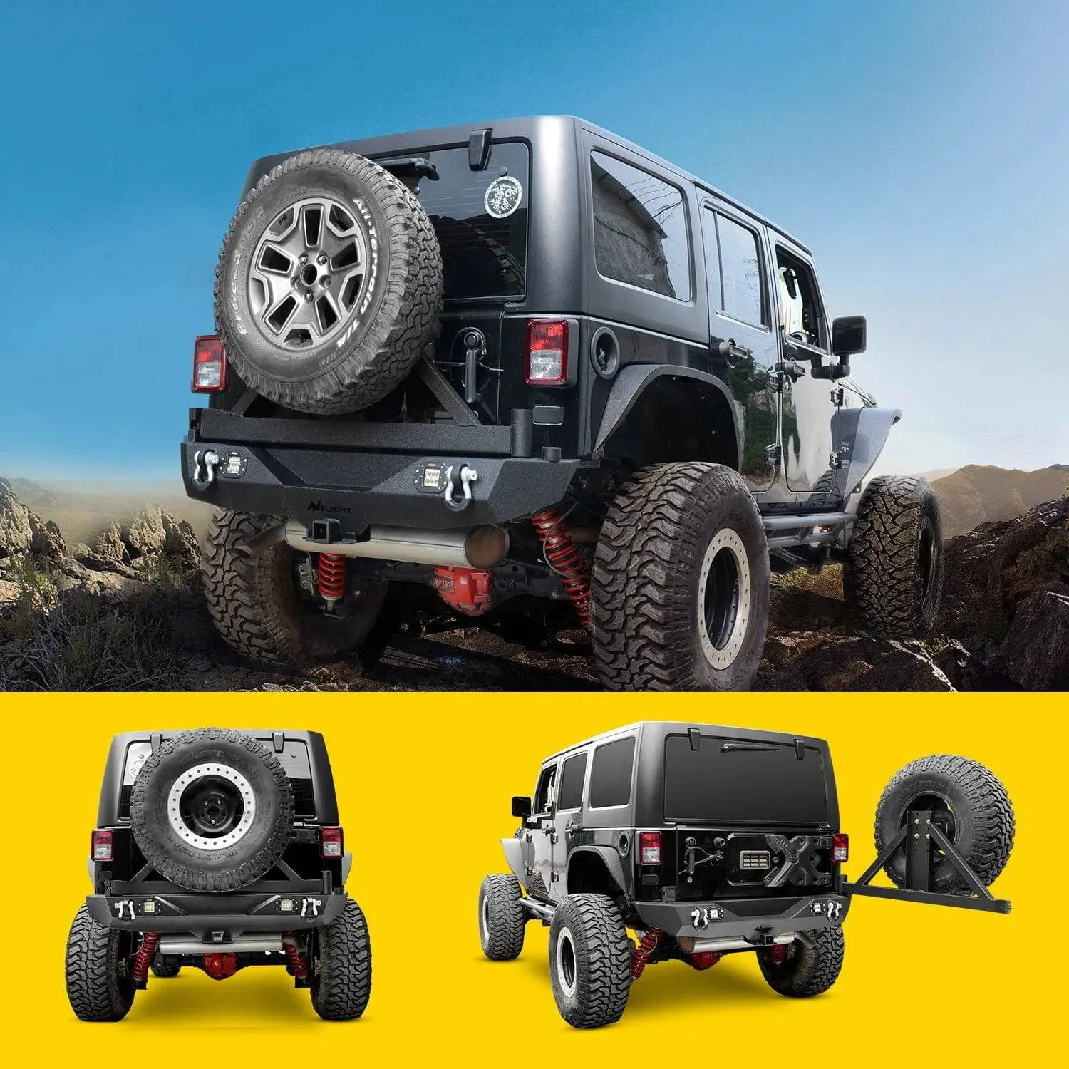 2007-2018 Jeep Wrangler JK & Wrangler JK Unlimited Rear Bumper Spare Tire Rack Hitch Receiver 2Pcs LED Lights Pods