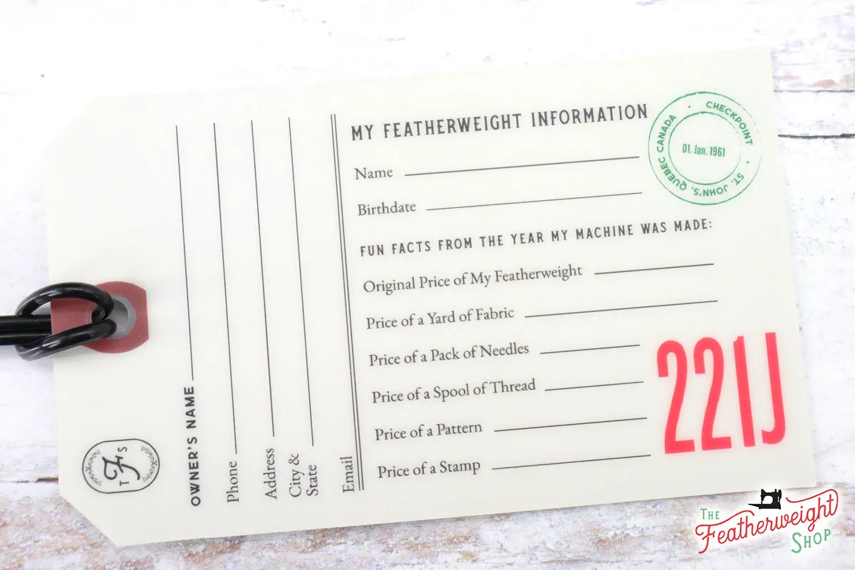221J (TAN) Luggage & I.D. Tag for Singer Featherweight