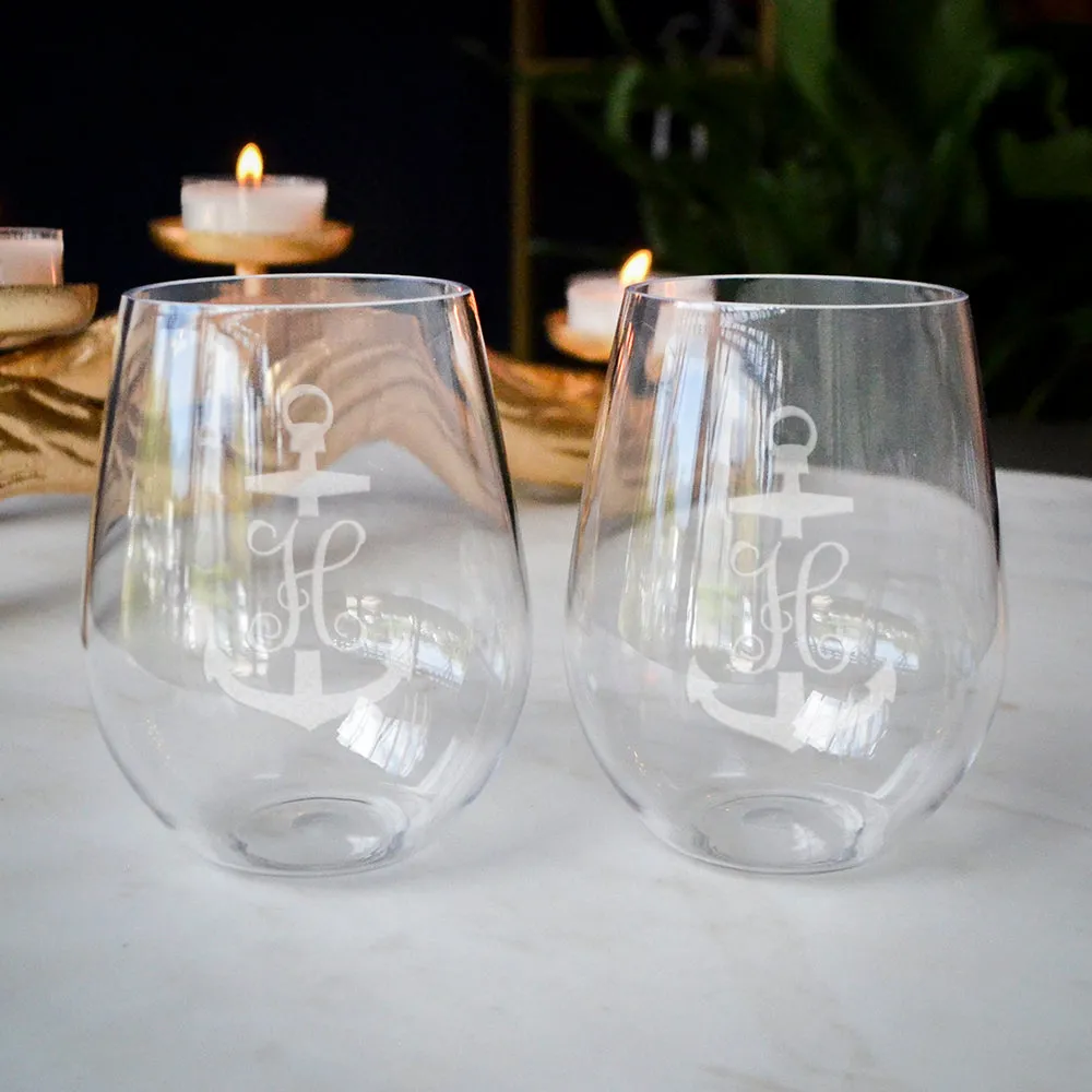 Anchor Monogram Stemless Champagne Flutes & Wine Glasses