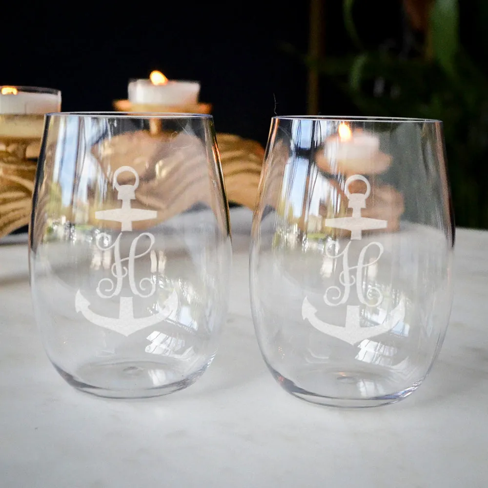 Anchor Monogram Stemless Champagne Flutes & Wine Glasses