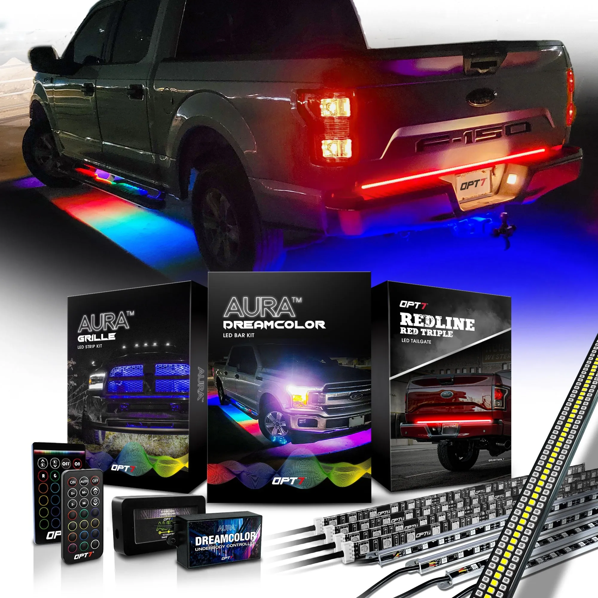 AURA LED Lighting Kit for Truck Bundle (Grille LED Kit   DreamColor Underglow LED Kit - Remote Control   Tailgate Triple Light Bar)