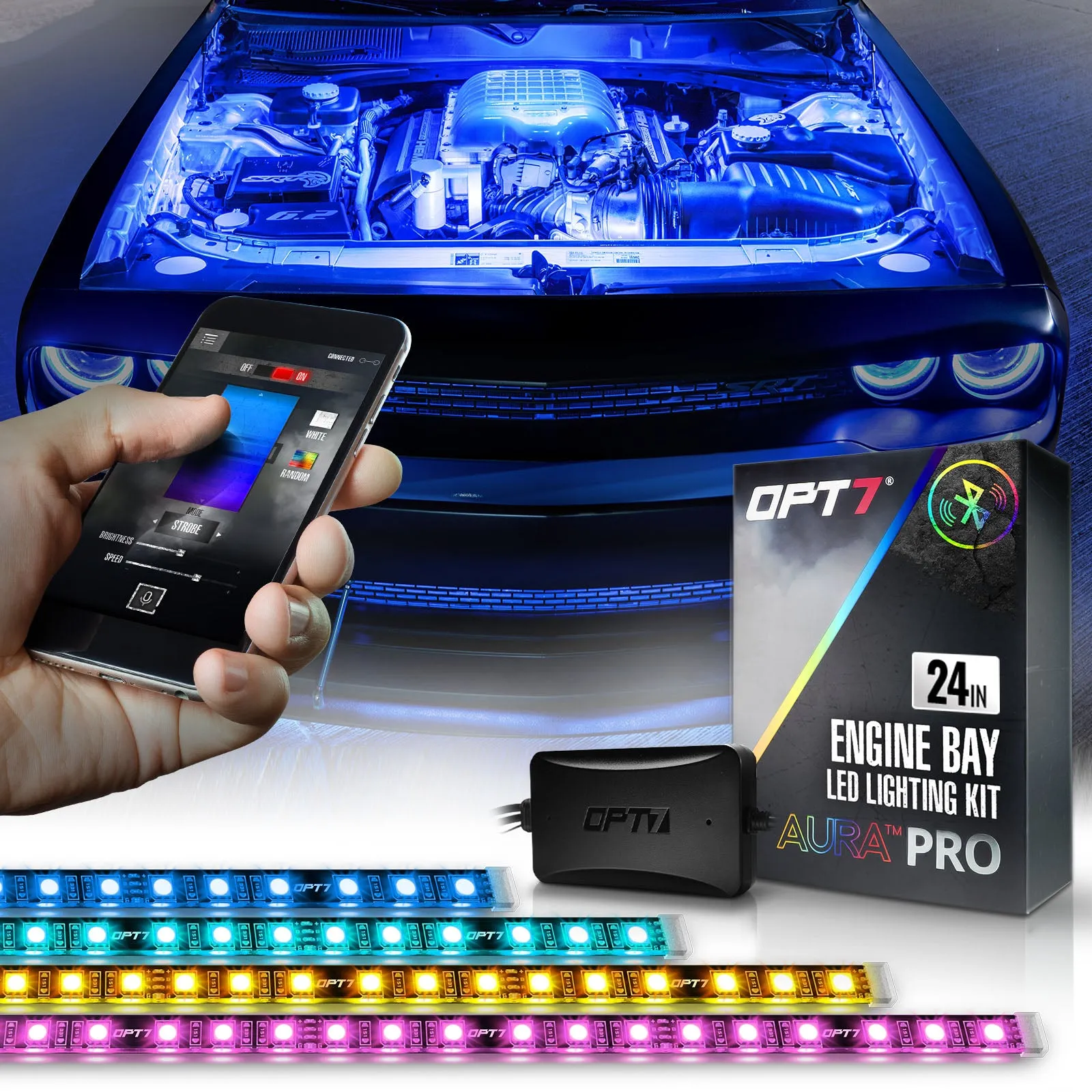 AURA PRO Engine Bay LED Lighting Kit ( 4 x 12-Inch or 4 x 24-Inch)  - Bluetooth Enabled APP Full Color Spectrum