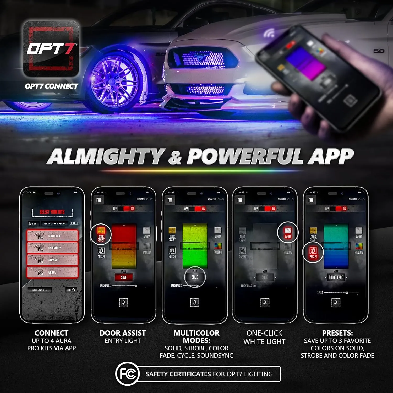 AURA PRO LED Grille Lighting Kit ( 4 x 12-Inch or 4 x 24-Inch) Bluetooth Enabled App - Full Color Spectrum