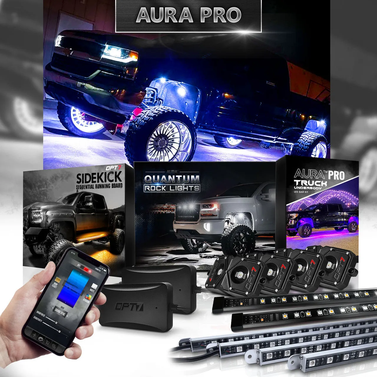 AURA PRO LED Lighting Kit for Truck Bundle (Quantum LED Rocklight   Underglow LED Kit   Sidekick LED Kit ) - Bluetooth Enabled APP