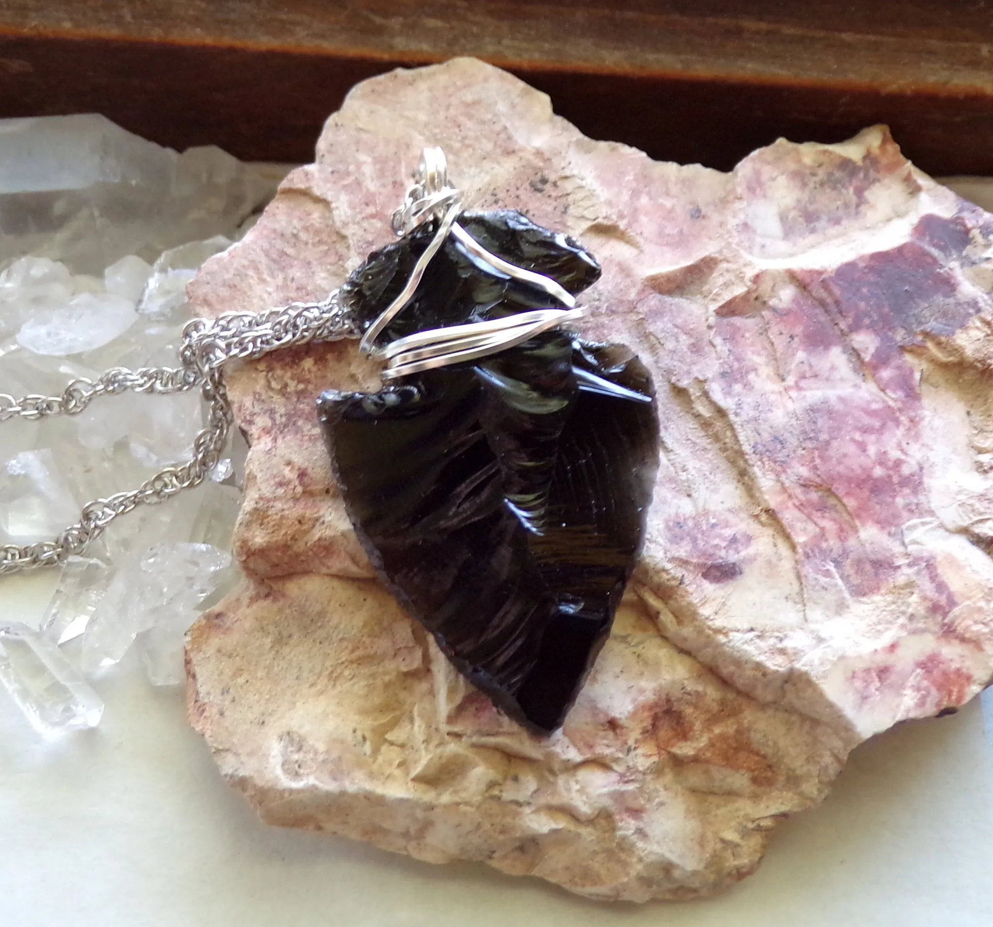 Black Obsidian Arrowhead Crystal Wire Wrapped Pendant Necklace