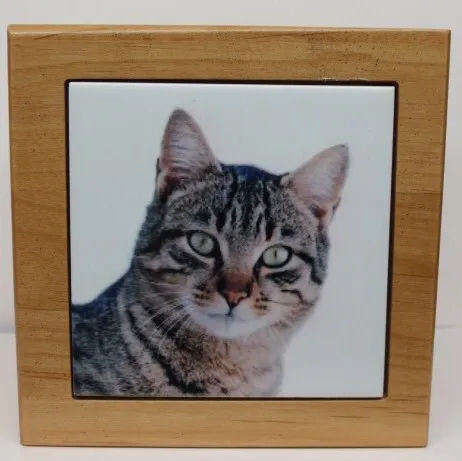Cat Urn Pet Urn Pet Memorial Keepsake Cremation Urn Kitty Small Animal Custom Urn Photo Tile & Personalized  Custom Tag Red Alder Wood Urn