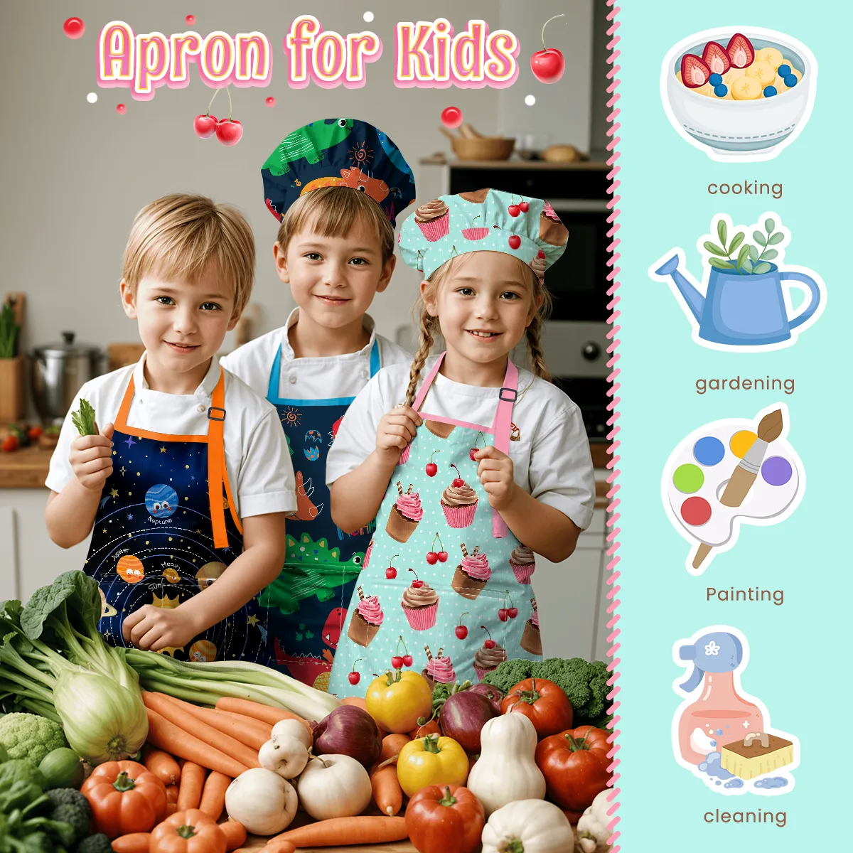 Cupcake Apron with Pocket - 2Pcs Kid Apron and Chef Hat Set Chef - Aprons for Cooking Baking Grilling BBQ Gardening Painting