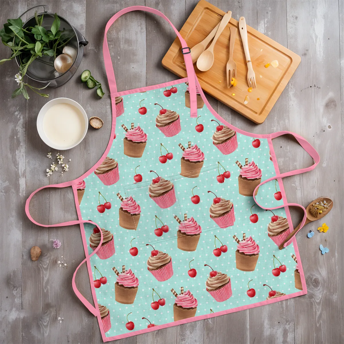 Cupcake Apron with Pocket - 2Pcs Kid Apron and Chef Hat Set Chef - Aprons for Cooking Baking Grilling BBQ Gardening Painting