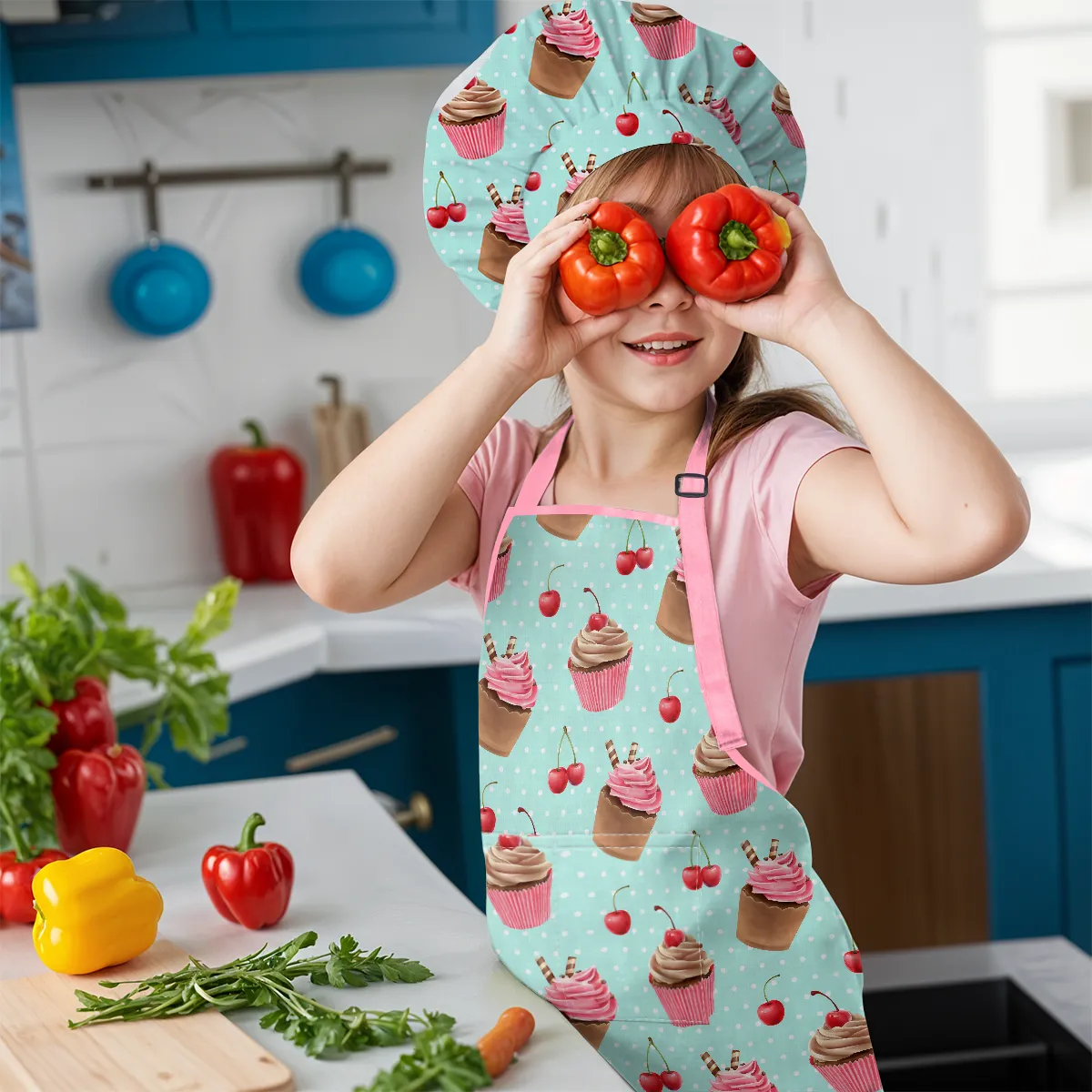 Cupcake Apron with Pocket - 2Pcs Kid Apron and Chef Hat Set Chef - Aprons for Cooking Baking Grilling BBQ Gardening Painting