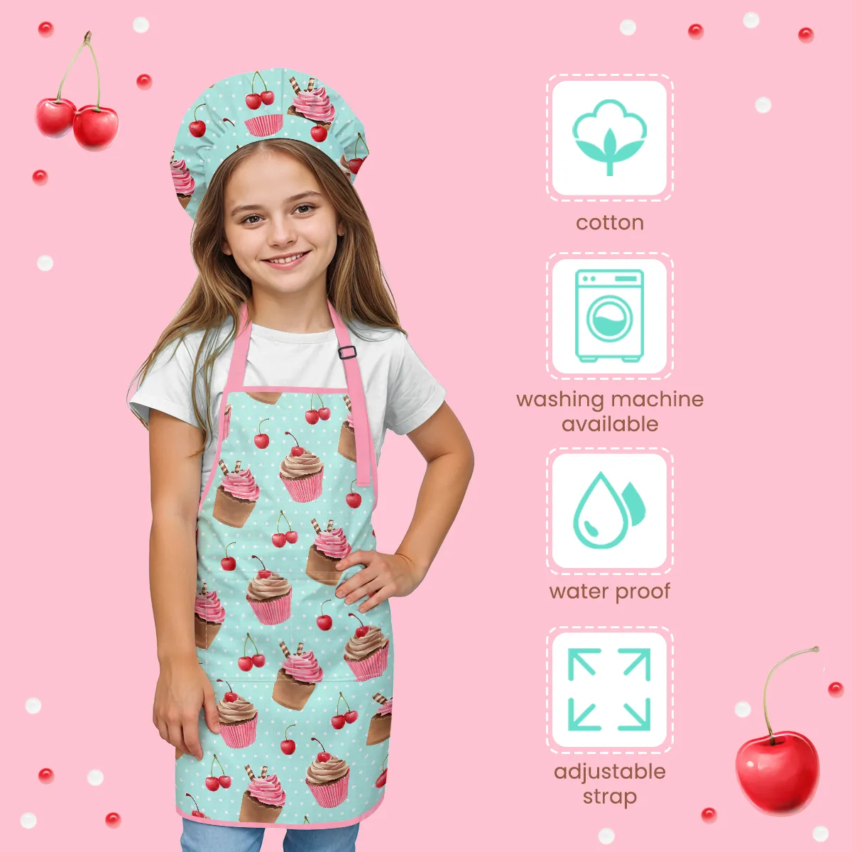 Cupcake Apron with Pocket - 2Pcs Kid Apron and Chef Hat Set Chef - Aprons for Cooking Baking Grilling BBQ Gardening Painting