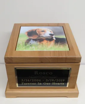 Custom Dog Memorial Pet Urn Keepsake Box Cremation Urn Custom Photo Tile & Personalized Black Tag Red Alder Medium to Large Dog UpTo 60lb