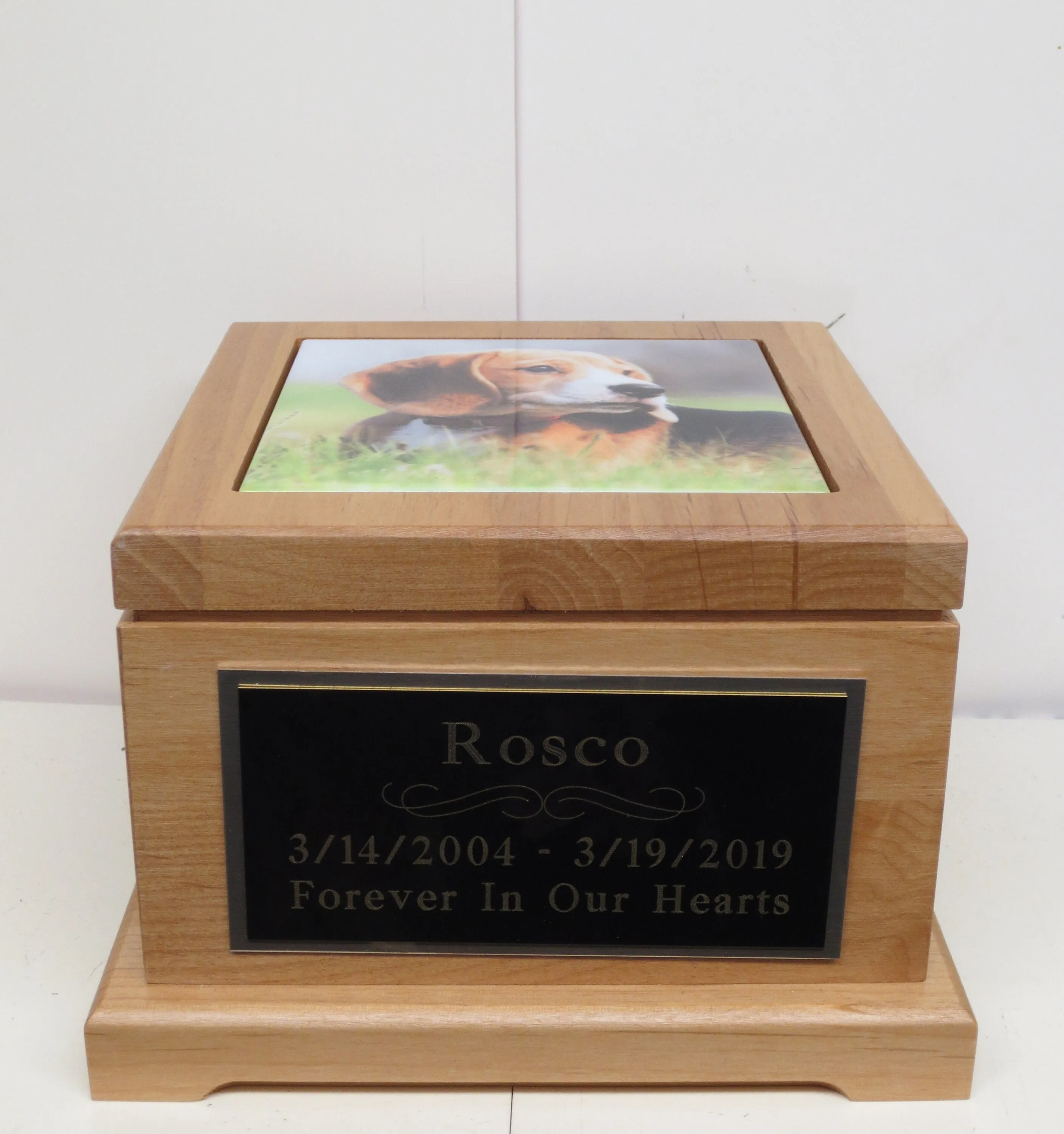 Custom Dog Memorial Pet Urn Keepsake Box Cremation Urn Custom Photo Tile & Personalized Black Tag Red Alder Medium to Large Dog UpTo 60lb