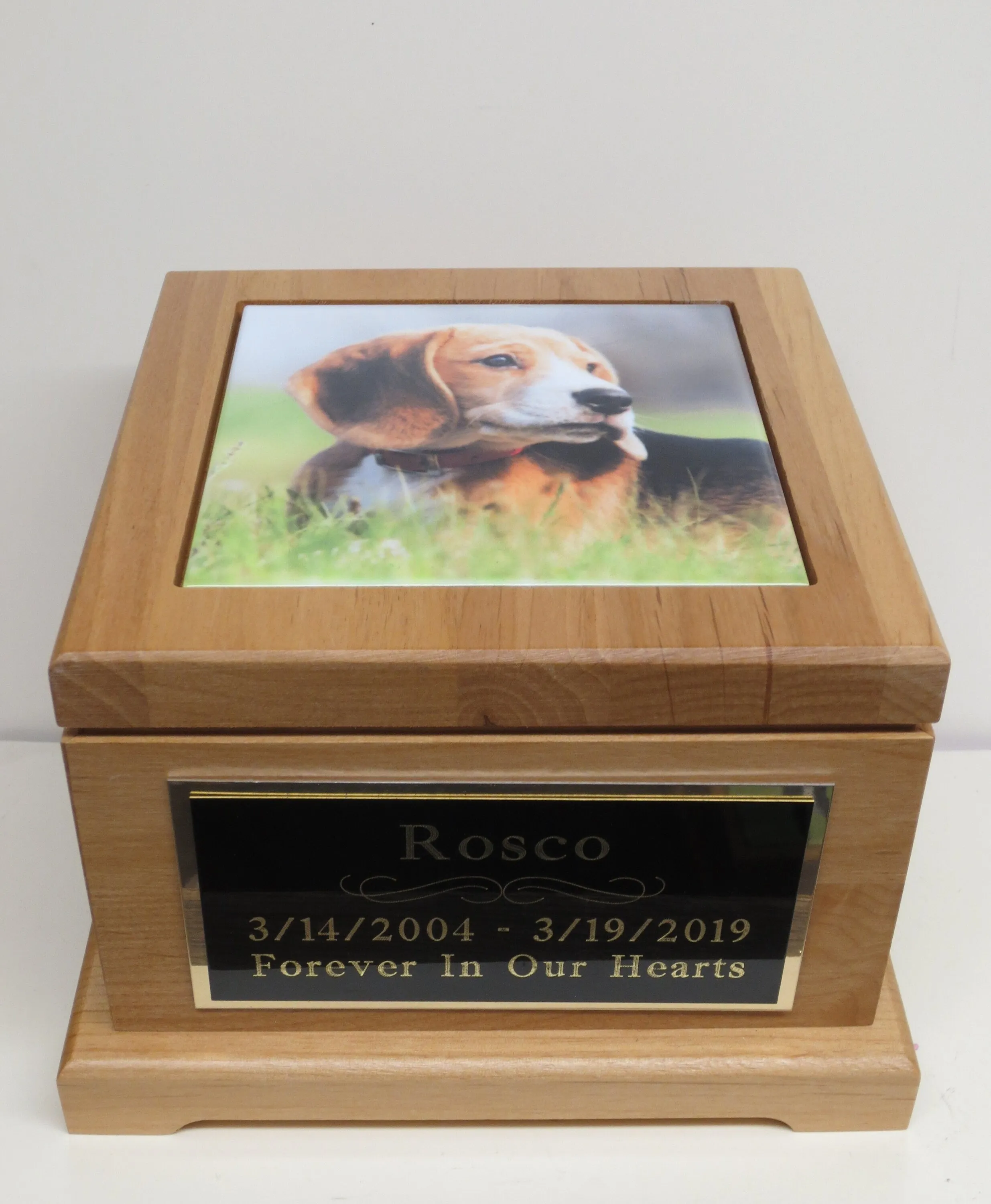 Custom Dog Memorial Pet Urn Keepsake Box Cremation Urn Custom Photo Tile & Personalized Black Tag Red Alder Medium to Large Dog UpTo 60lb