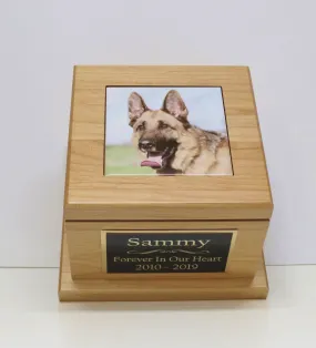 Custom Urn Dog Urn Pet Memorial Keepsake Cremation Urn Custom Photo Tile & Personalized Tag Beautiful Red Alder Wood Urn Large Dog Urn 100lb