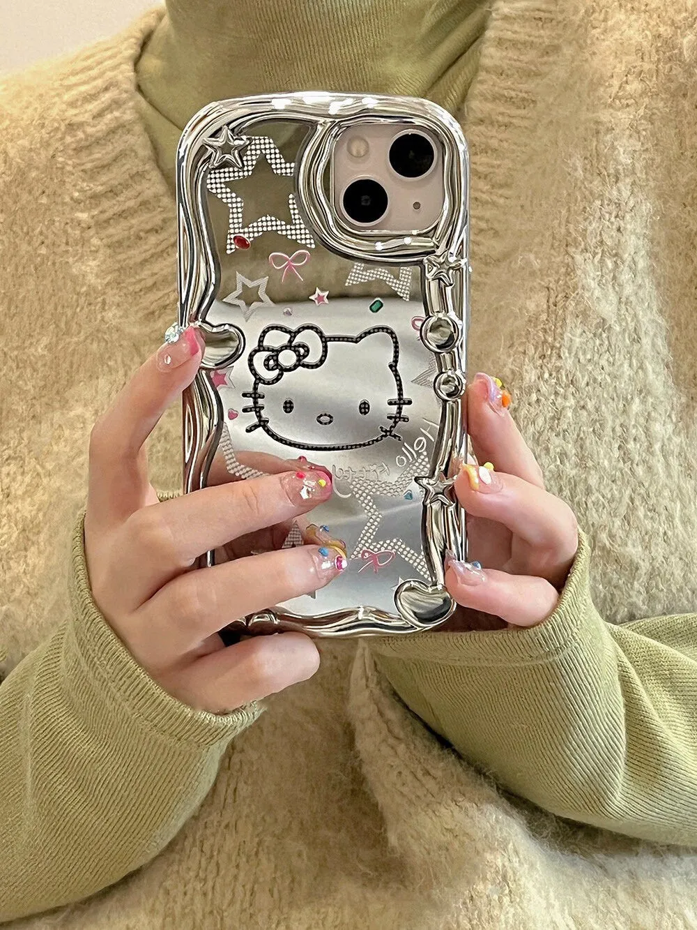 Cute Electroplated Silver HELLO KITTY Design with Beaded Pearl Hand Strap Protective Shockproof iPhone Case for iPhone 11 12 13 14 Pro Max