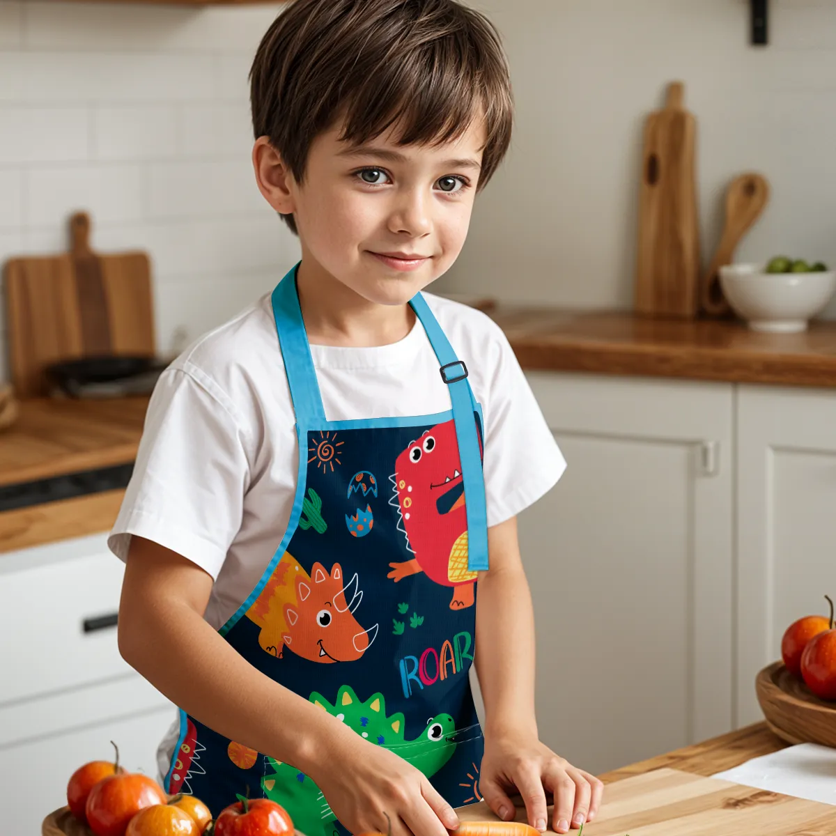 Dinosaur Apron with Pocket, 2Pcs Aprons and Chef Hat for Toddlers Girls Boys , Kid Apron for Cooking Baking Gardening Painting