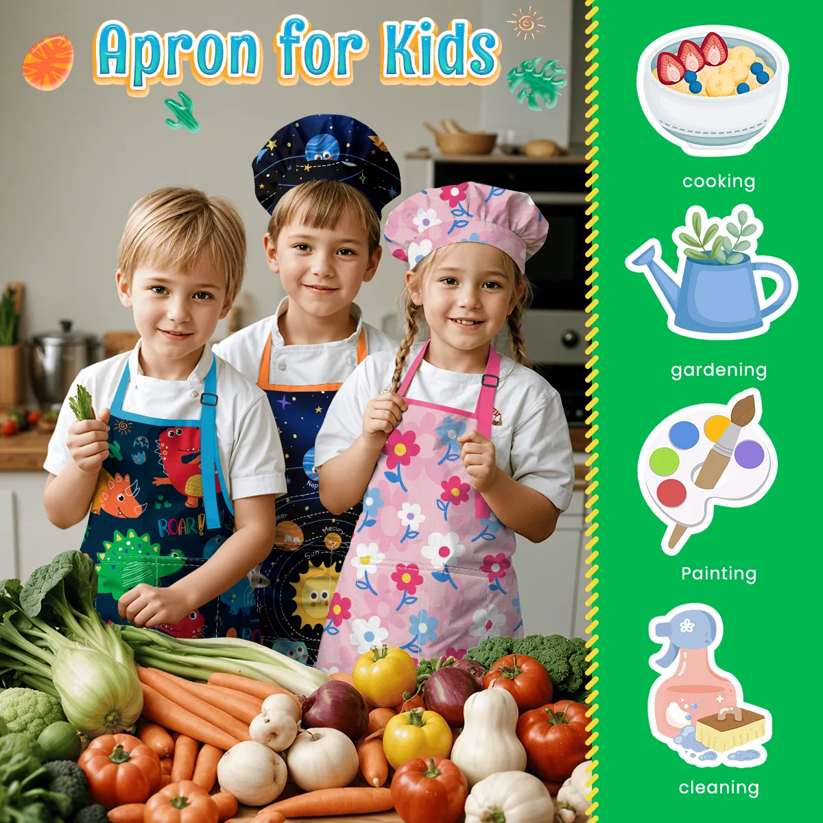 Dinosaur Apron with Pocket, 2Pcs Aprons and Chef Hat for Toddlers Girls Boys , Kid Apron for Cooking Baking Gardening Painting