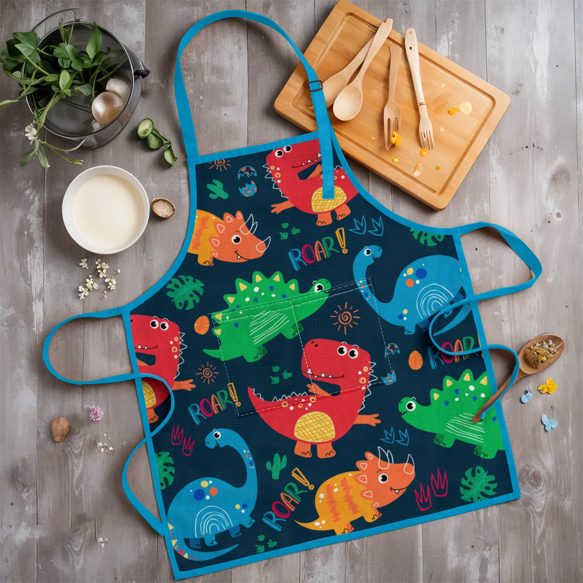 Dinosaur Apron with Pocket, 2Pcs Aprons and Chef Hat for Toddlers Girls Boys , Kid Apron for Cooking Baking Gardening Painting