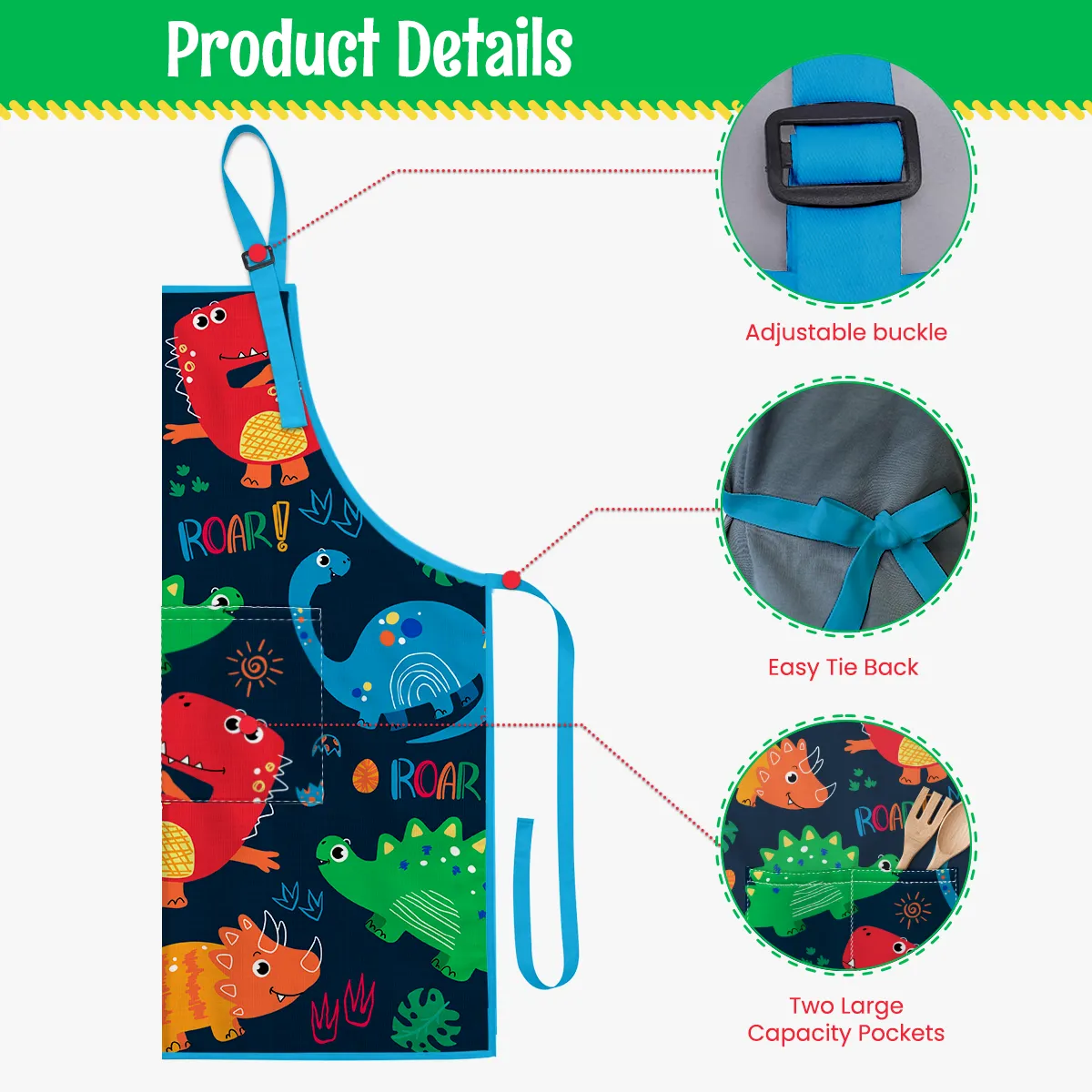 Dinosaur Apron with Pocket, 2Pcs Aprons and Chef Hat for Toddlers Girls Boys , Kid Apron for Cooking Baking Gardening Painting