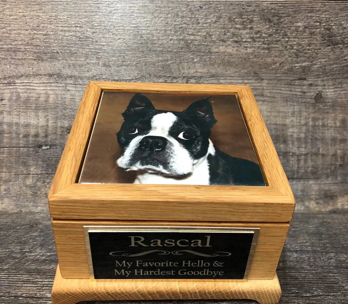 Dog Urn Pet Urn Cat Urn Pet Memorial Keepsake Box Yorkie Cremation Urn Custom Photo Tile & Tag OAK Small Dog / Animal  Urn Up To 25lbs