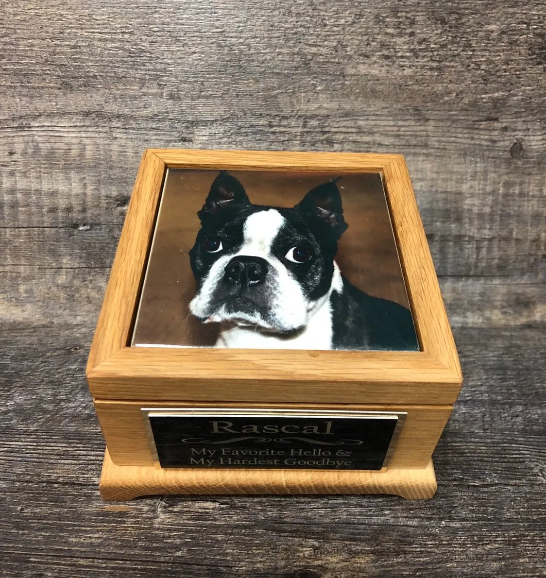 Dog Urn Pet Urn Cat Urn Pet Memorial Keepsake Box Yorkie Cremation Urn Custom Photo Tile & Tag OAK Small Dog / Animal  Urn Up To 25lbs