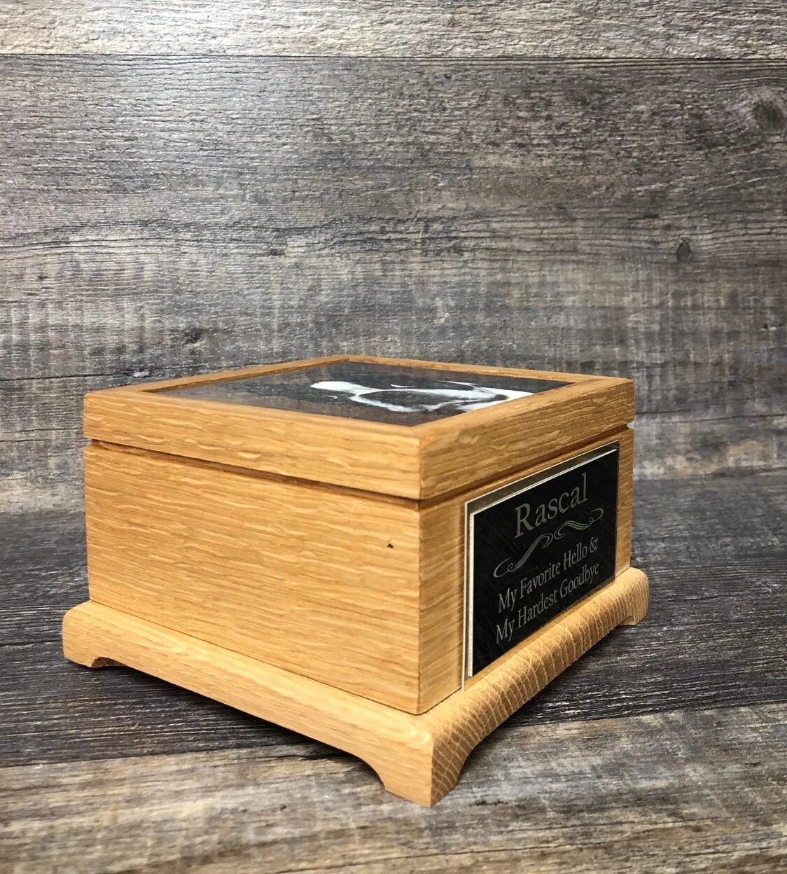 Dog Urn Pet Urn Cat Urn Pet Memorial Keepsake Box Yorkie Cremation Urn Custom Photo Tile & Tag OAK Small Dog / Animal  Urn Up To 25lbs