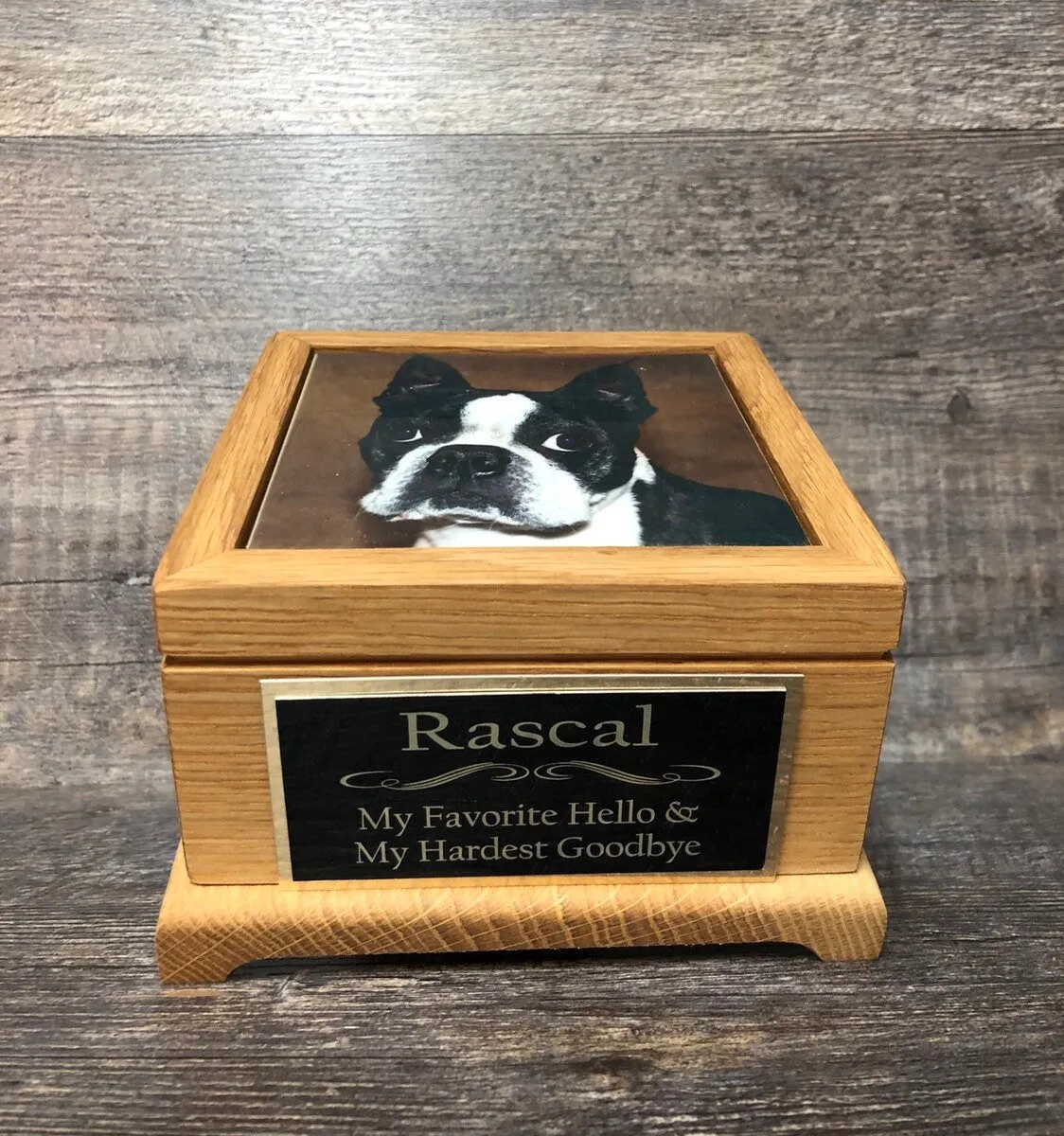 Dog Urn Pet Urn Cat Urn Pet Memorial Keepsake Box Yorkie Cremation Urn Custom Photo Tile & Tag OAK Small Dog / Animal  Urn Up To 25lbs