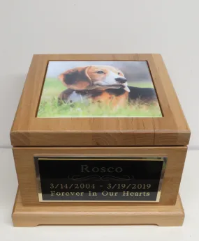 Dog Urn Pet Urn Pet Memorial Keepsake Box Medium Cremation Urn Custom Photo Tile & Personalized Tag Red Alder Medium to Large Dog UpTo 60lb