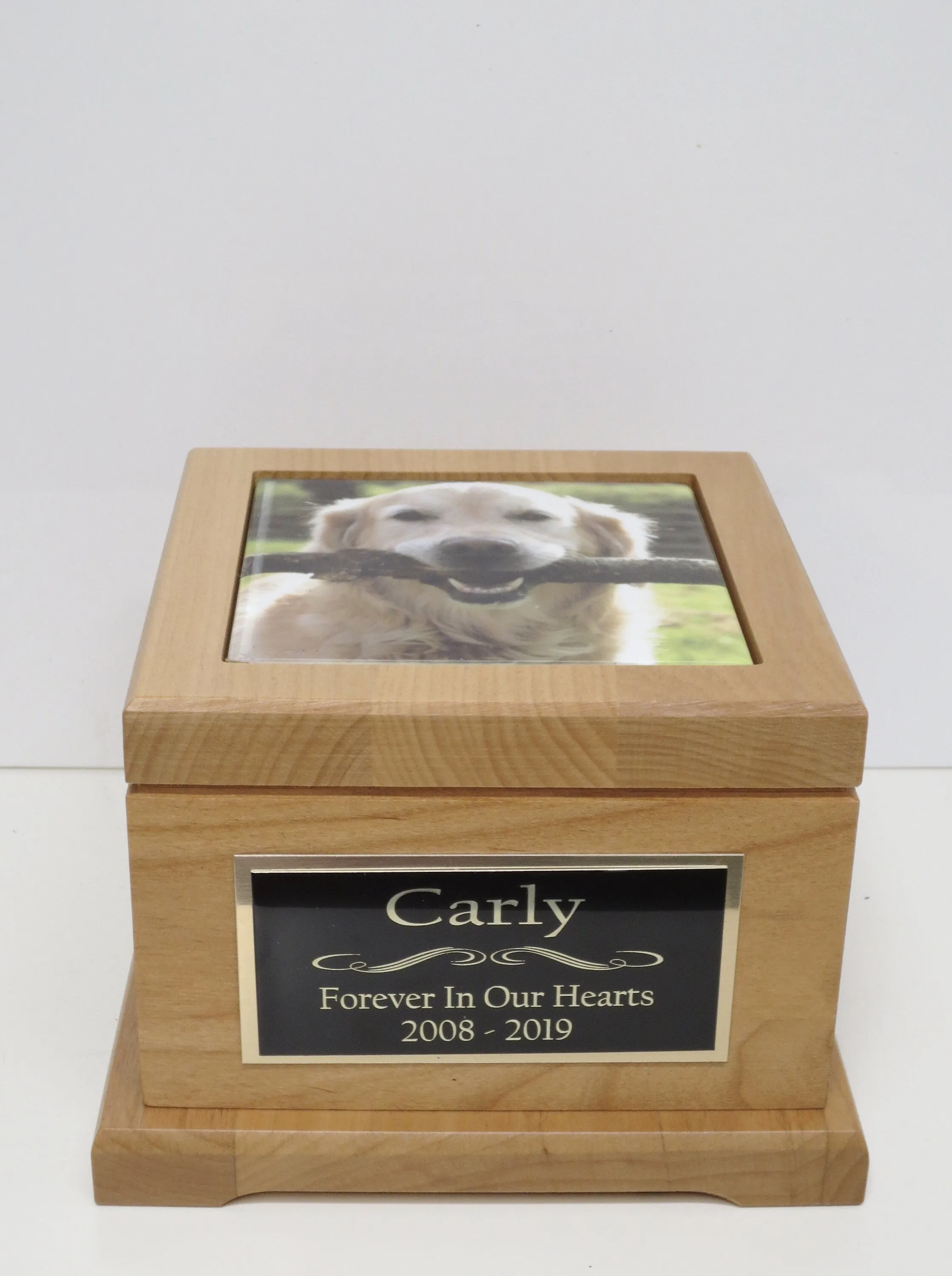 Dog Urn Pet Urn Pet Memorial Keepsake Cremation Urn Custom Photo Tile & Personalized Brass Tag Red Alder Wood Medium Dog Urn UpTo 60lb