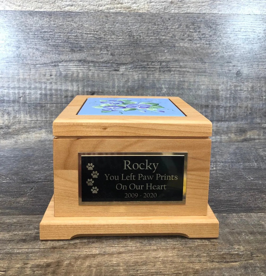 Dog Urn Pet Urn Pet Memorial Keepsake Cremation Urn Hand Painted Pansies Tile & Personalized Tag Red Alder Wood Medium Dog Urn UpTo 60lb