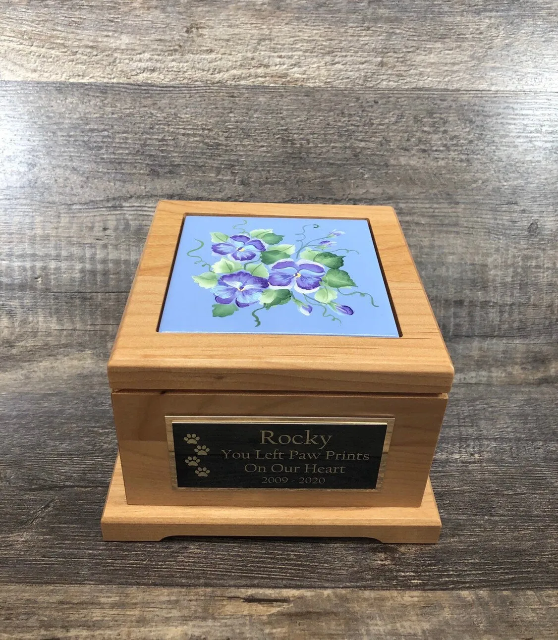 Dog Urn Pet Urn Pet Memorial Keepsake Cremation Urn Hand Painted Pansies Tile & Personalized Tag Red Alder Wood Medium Dog Urn UpTo 60lb