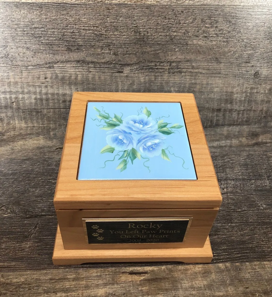 Dog Urn Pet Urn Pet Memorial Keepsake Cremation Urn Hand Painted Roses Tile & Personalized Tag Red Alder Wood Medium Dog Urn UpTo 60lb