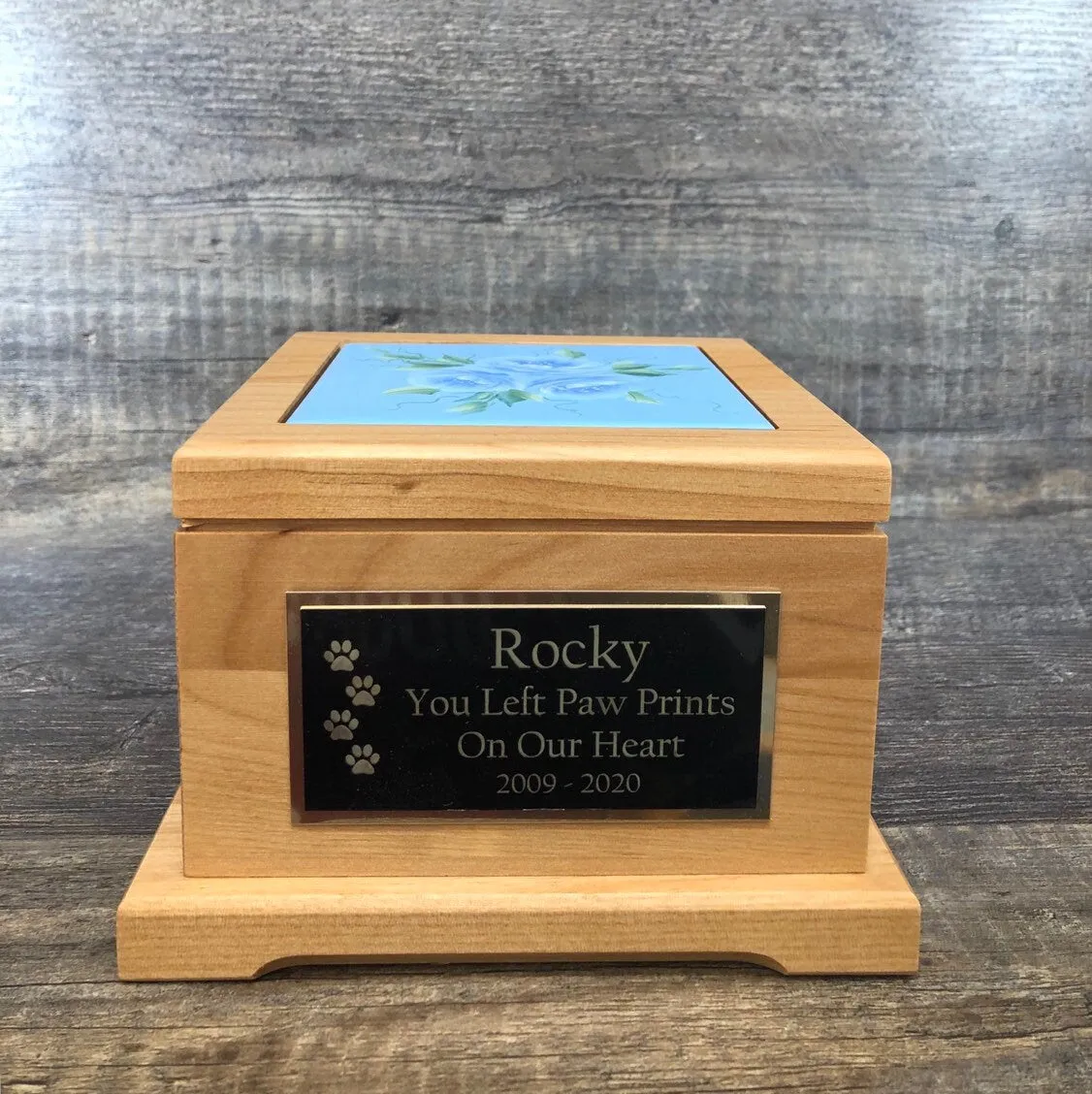 Dog Urn Pet Urn Pet Memorial Keepsake Cremation Urn Hand Painted Roses Tile & Personalized Tag Red Alder Wood Medium Dog Urn UpTo 60lb