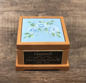 Dog Urn Small Pet Urn Pet Memorial Keepsake Box Cremation Urn Hand Painted Roses Tile & Tag Red Alder Small Dog / Animal Cat Urn Up To 25lbs
