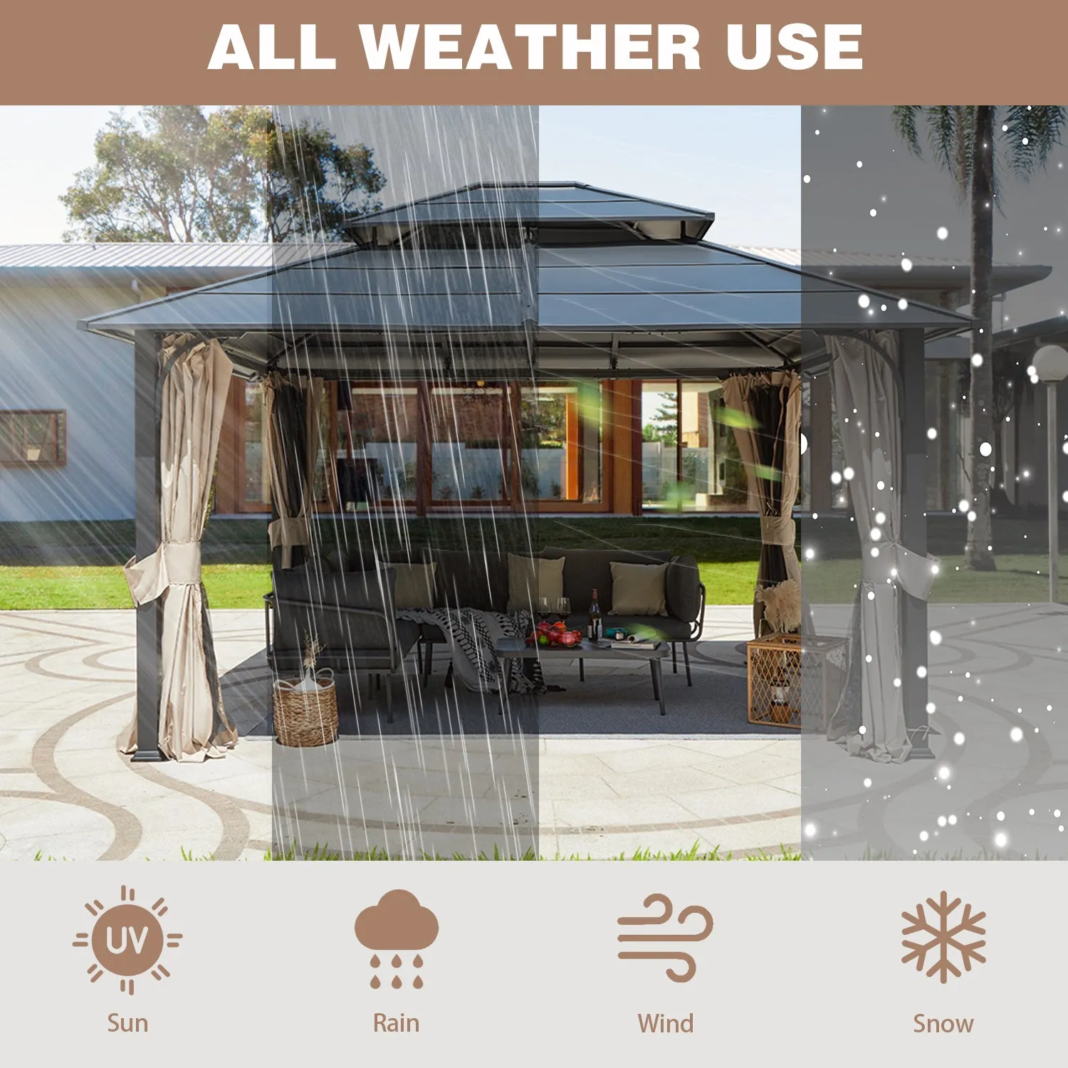 EROMMY 12' x 14' Hardtop Gazebo Outdoor Double Roof with Curtains and Netting,  Anti-Rust Coating Frame