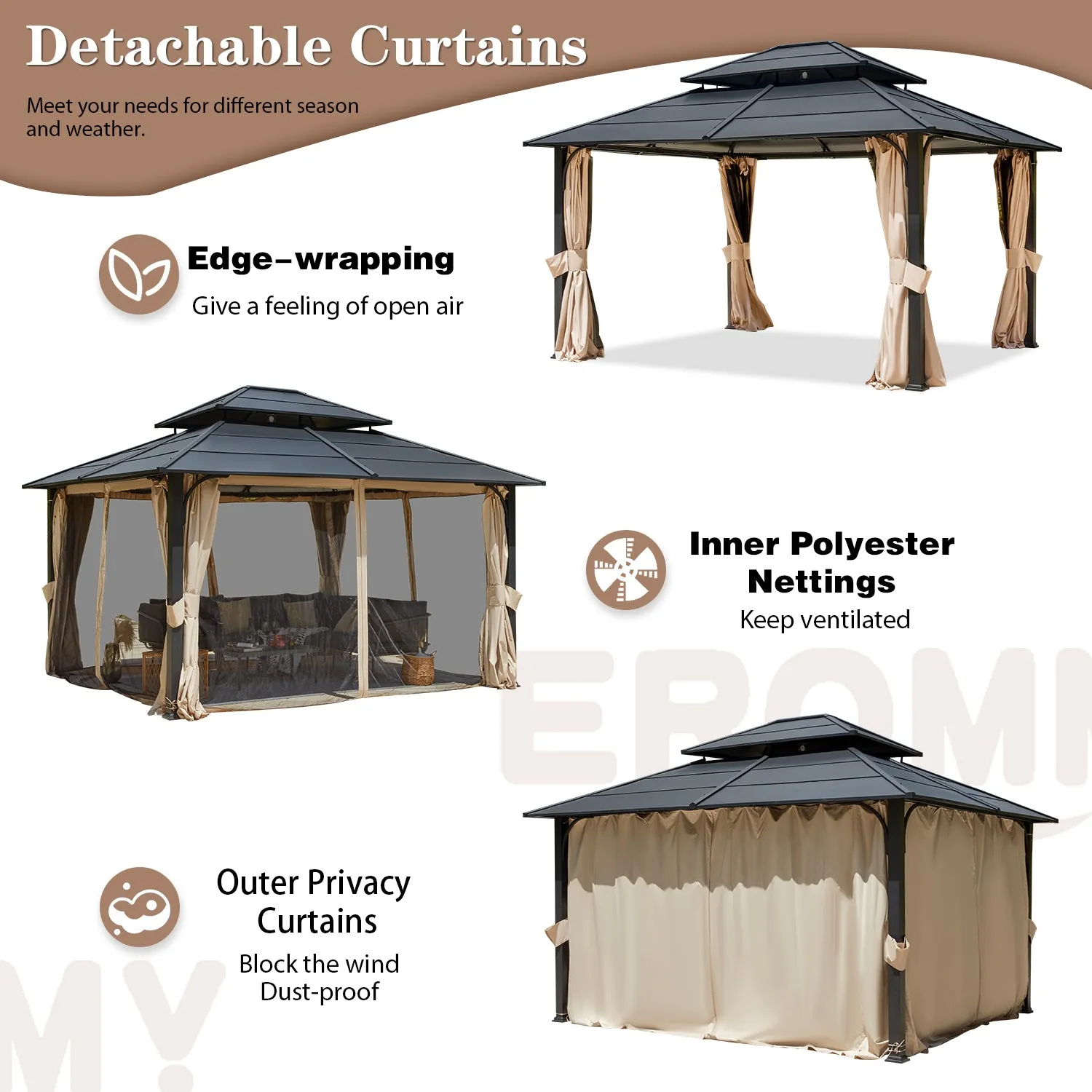 EROMMY 12' x 14' Hardtop Gazebo Outdoor Double Roof with Curtains and Netting,  Anti-Rust Coating Frame