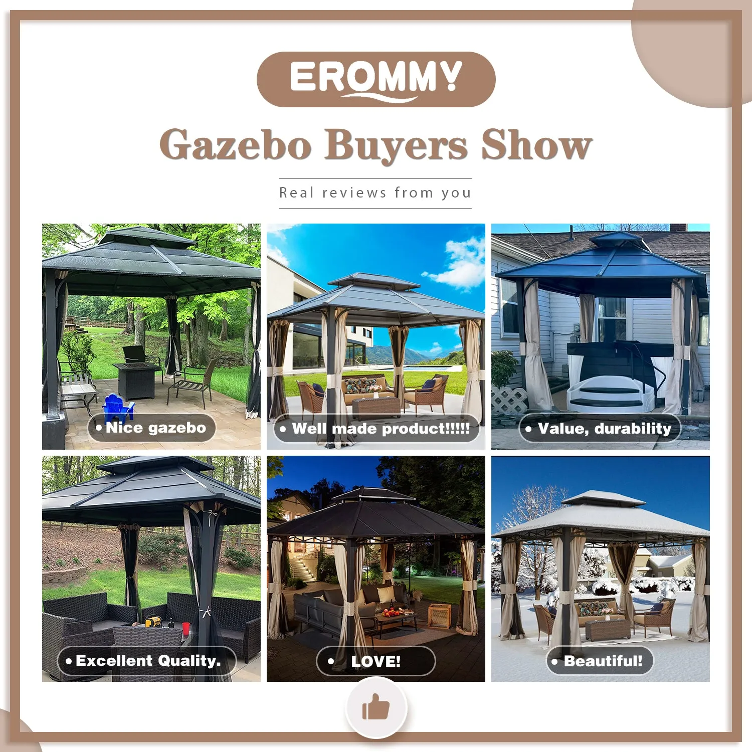 EROMMY 12' x 14' Hardtop Gazebo Outdoor Double Roof with Curtains and Netting,  Anti-Rust Coating Frame