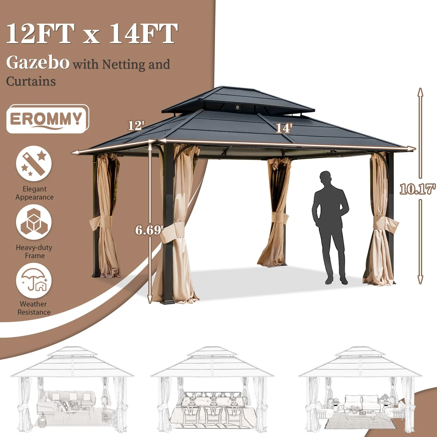 EROMMY 12' x 14' Hardtop Gazebo Outdoor Double Roof with Curtains and Netting,  Anti-Rust Coating Frame
