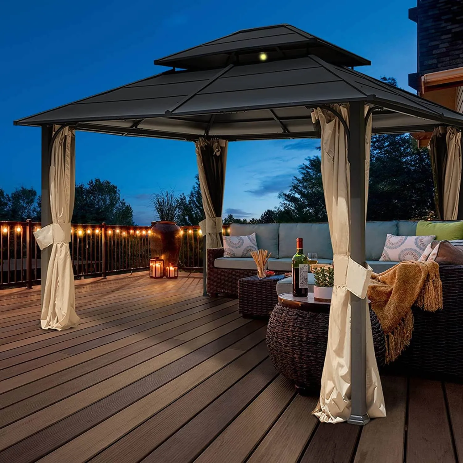 EROMMY 12' x 14' Hardtop Gazebo Outdoor Double Roof with Curtains and Netting,  Anti-Rust Coating Frame