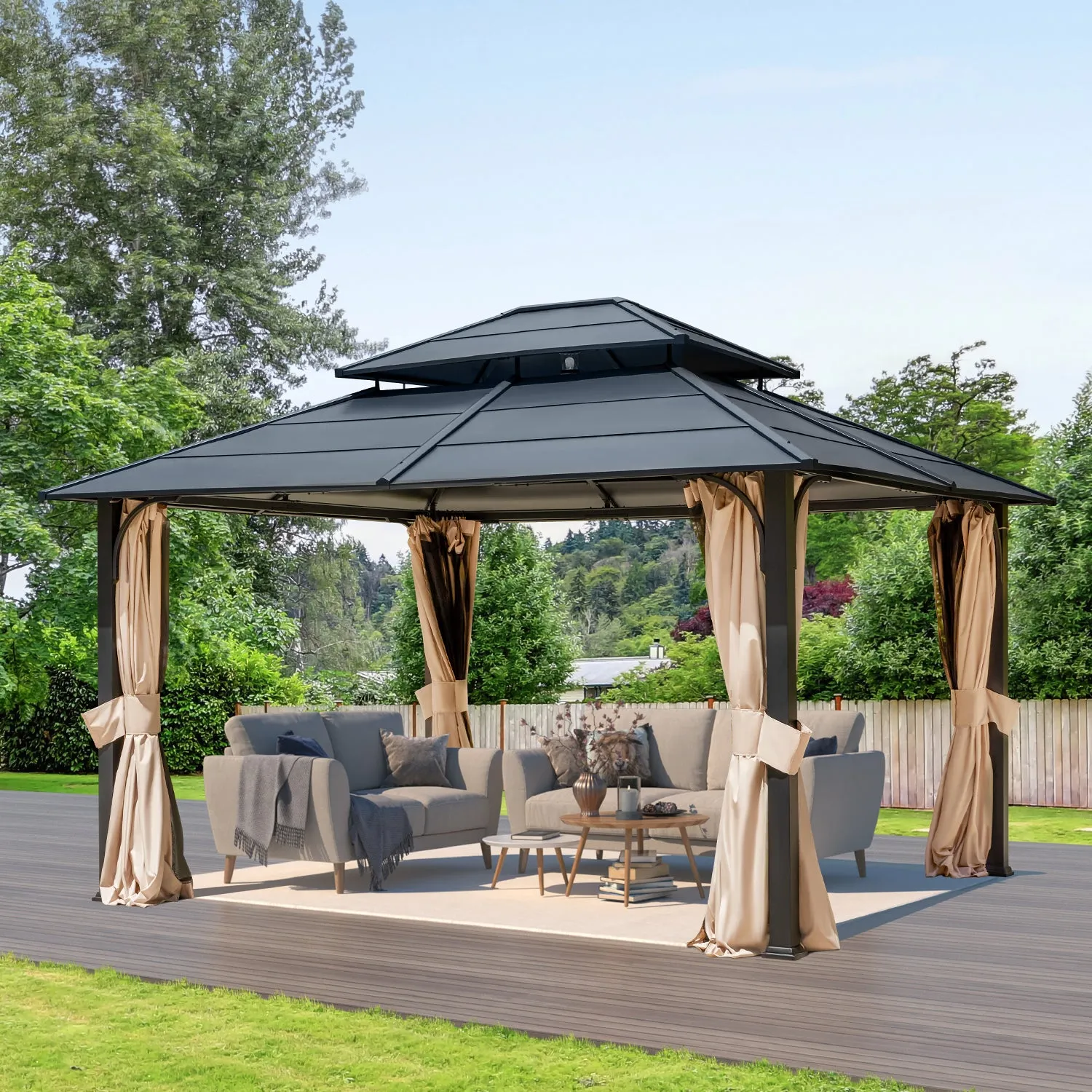 EROMMY 12' x 14' Hardtop Gazebo Outdoor Double Roof with Curtains and Netting,  Anti-Rust Coating Frame