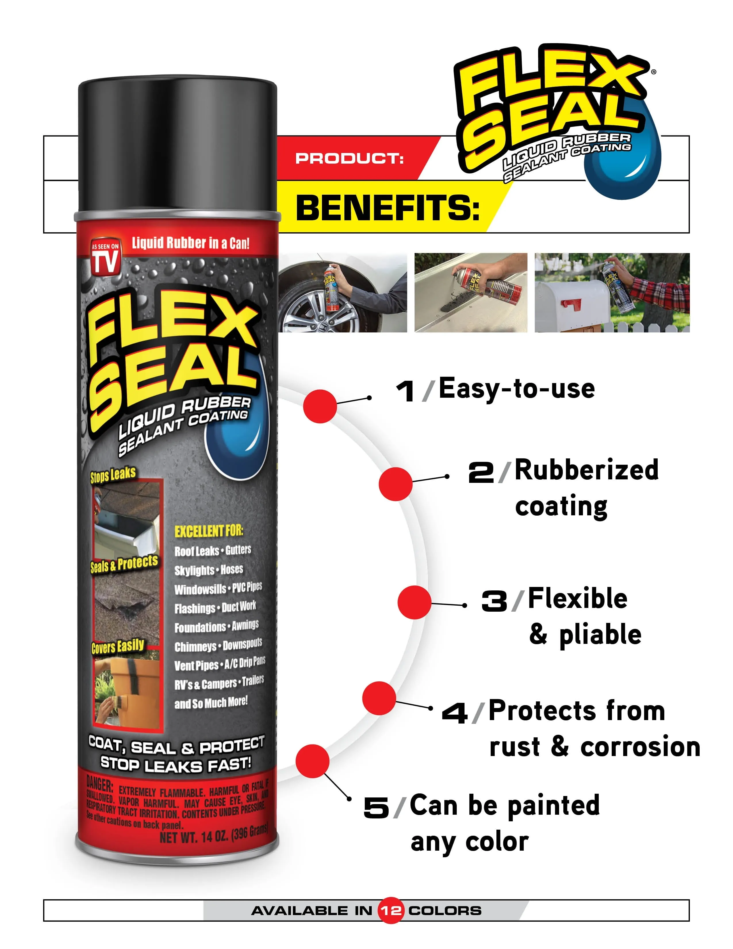 Flex Seal As Seen on TV Aerosol Liquid Rubber Sealant Coating, 14 oz, Clear