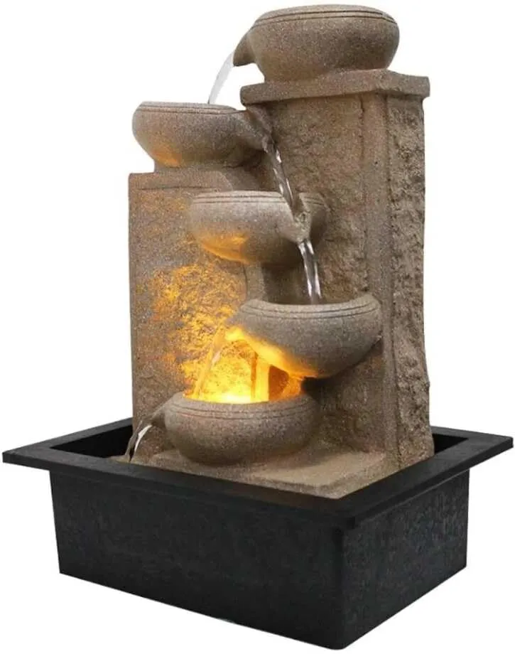 GAYTRI Art and HANDICRAFTS Beautiful Diya Waterfall Indoor Table Top Fountain with LED Light and Water Pump Decorative Showpiece - 40.64 cm (Resin, Beige)