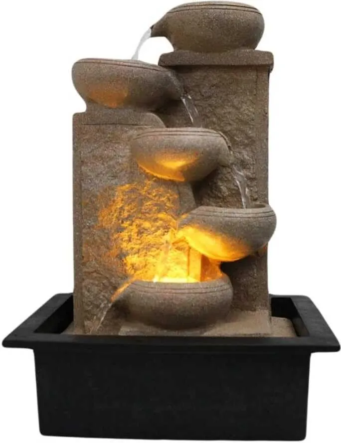 GAYTRI Art and HANDICRAFTS Beautiful Diya Waterfall Indoor Table Top Fountain with LED Light and Water Pump Decorative Showpiece - 40.64 cm (Resin, Beige)