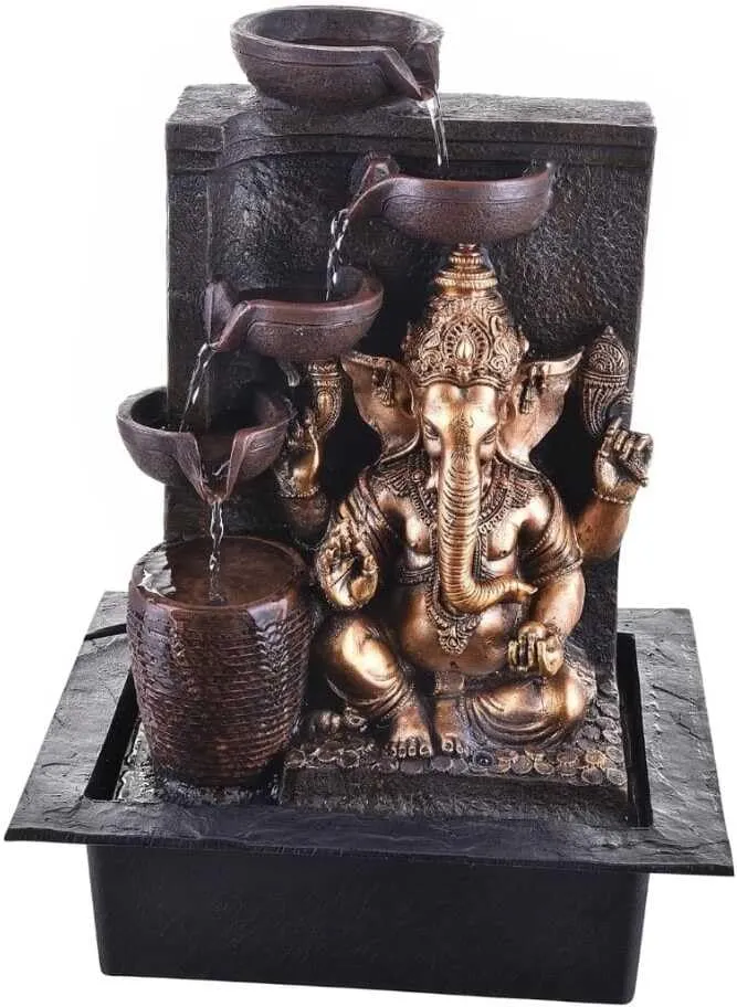 GAYTRI ART and HANDICRAFTS Ganesha 5-Steps Indoor Table Top Fountain with LED Lights Decorative Showpiece - 40 cm (Resin, Gold, Black)