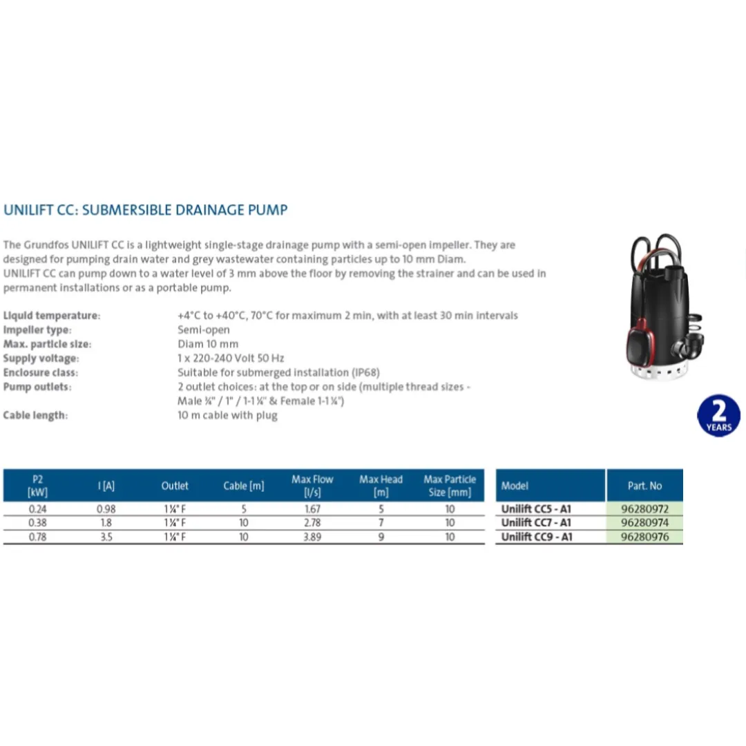 Grundfos Unilift CC Submersible Drainage Puddle Pumps with Float Switch