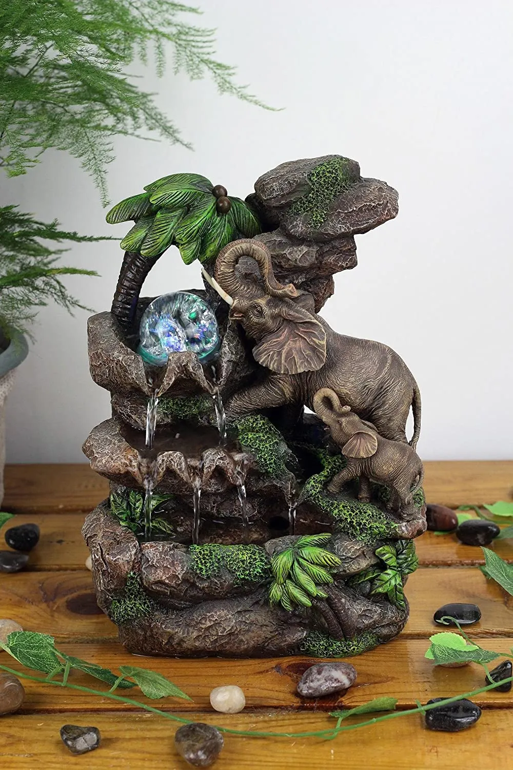 Hand Painted 11 Inch High Elephant Table Fountain w/cracked Crystal like ball that rotates & reflects the colour changing led light! Retails $97 W/Tax!