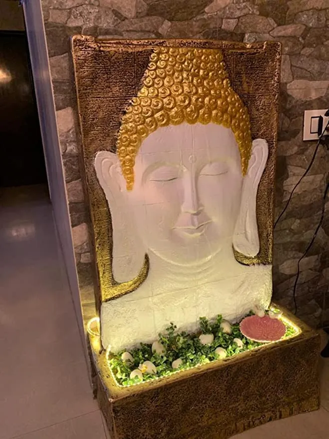 Holiness Craft Water Fountain 3.5 feet Wall Budha Fiber Water Fountain for Living Room Home Decor Garden Patio Deck Porch - Yard Art Decoration Gift Gifting with LED Lights Water Pump (Golden White)