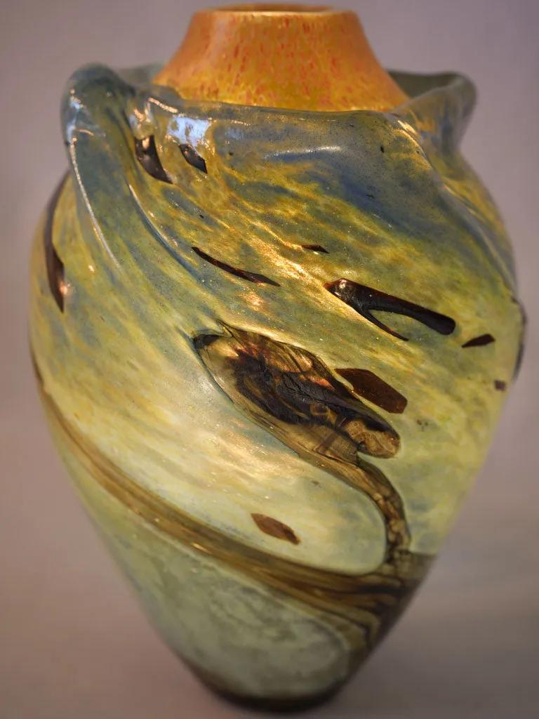 Incredible light blue & orange blown glass vase - Jean-Claude Novaro 1985 - 12½"