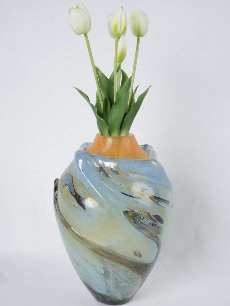 Incredible light blue & orange blown glass vase - Jean-Claude Novaro 1985 - 12½"